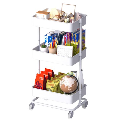 TECBOT 3 Tier Metal Rolling Cart with Wheels, Utility Storage Cart with Handle and Lockable Casters, Storage Basket Organizer Shelves, Easy Assemble for Kitchen, Living Room, Office, Nursery, White