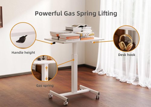 Claiks Mobile Standing Desk - Compact Rolling Workstation with Wheels & Hook | White Finish
