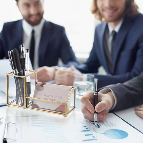 Hipiwe Glass Business Card Holder with Pen Pencil Holder Cup Gold Metal Name Card Display Organizer Desktop Business Card Storage Case for Office Desk, 2 Slots