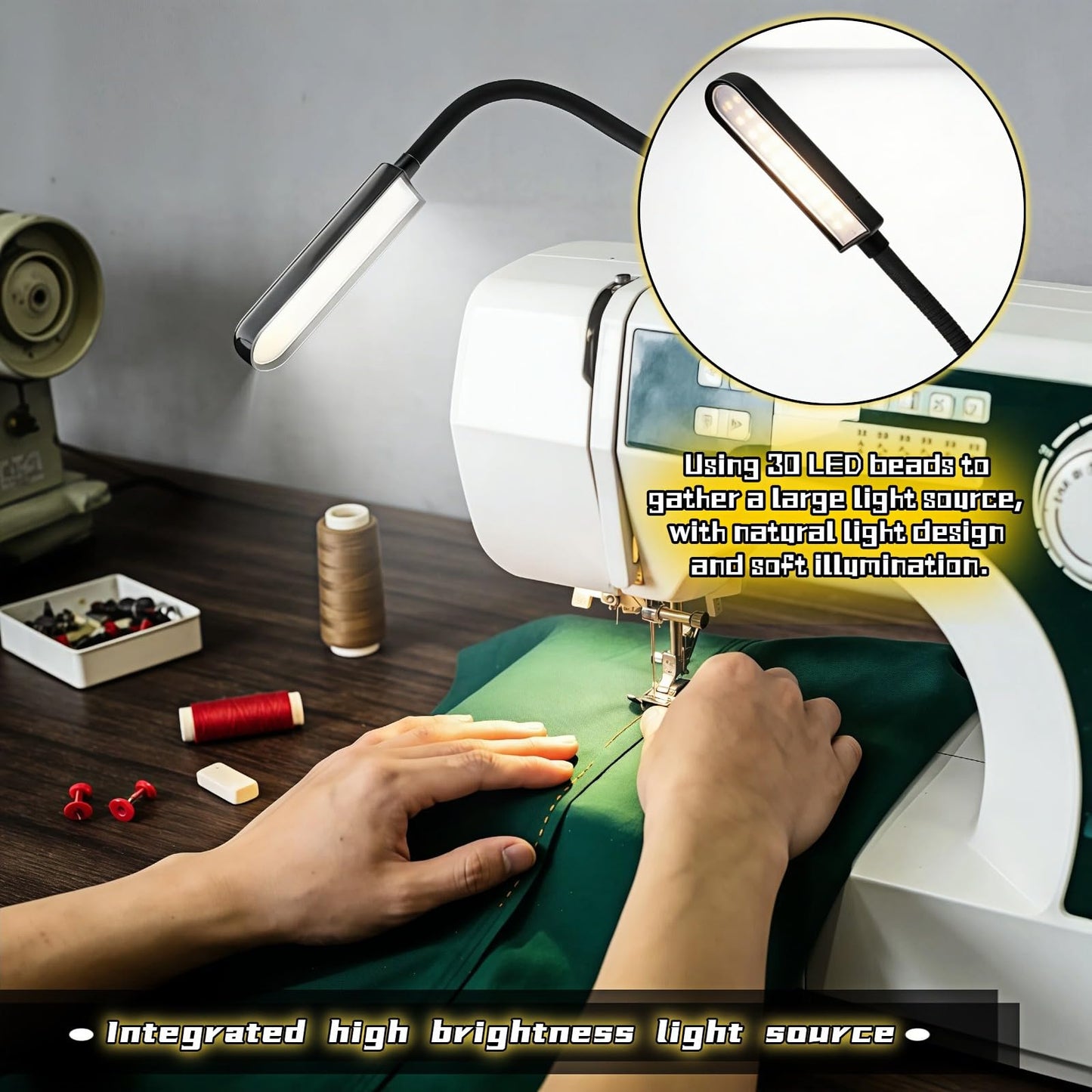 yayaboqu 30 LED Sewing Machine Light with Flexible Silicone Neck, Magnetic Base Work Lamp for Sewing Machines, Drill Press, Desk, Music Stand, Crafts, Workbench, Non-Flicker, Eye-Caring Design