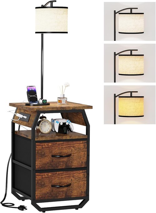 Runjuly Floor Lamp with Table - 3-Color Temperature Bulb, 2 Drawers & Charging | Rustic Brown Design for Bedroom & Apartment