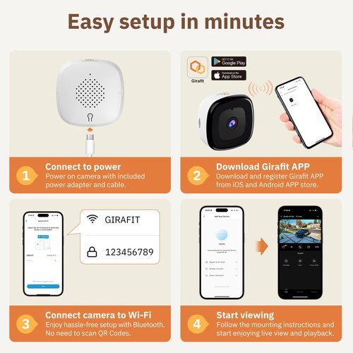 Girafit 2K Window Camera,2.4GHz & 5GHz WiFi Indoor Cameras for Home Security with ChroMax Al Color Night Vision,Person & Motion Detection,Easy & Quick Install(4 Pack)