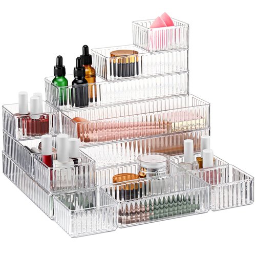 Teenyyou 18 Pcs Clear Drawer Organizer Stackable 4 Size Clear Makeup Drawer Organizer Trays Acrylic Bathroom Vanity Storage Bins for Cosmetic, Jewelries, Office Supply, Kitchen Utensils(Stripes)