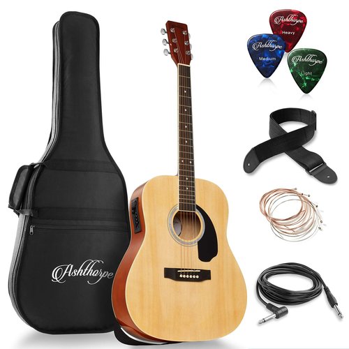 Ashthorpe Full-Size Dreadnought Acoustic-Electric Guitar Bundle - Premium Tonewoods - Natural