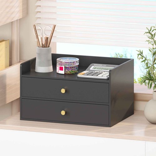 Xadgve Bamboo Desk Organizer - Stackable, No Assembly Required, Ideal for Office/Home Use - Perfect for Toiletries, Stationery, Accessories. (Black, Two level drawer box with sides)