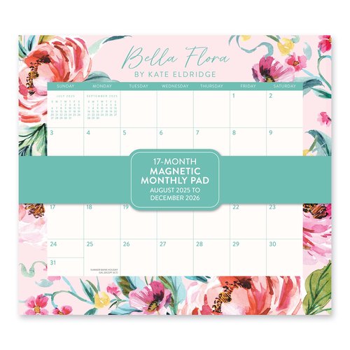 Orange Circle Studio 2025-2026 Magnetic Monthly Fridge Calendar, Bella Flora, 17-Month, August 2025 - December 2026, 9.5" x 8.4", Daily Aesthetic Planner Notepad with Magnet for Refrigerator, Easy Organizer for Grocery List, Appointments