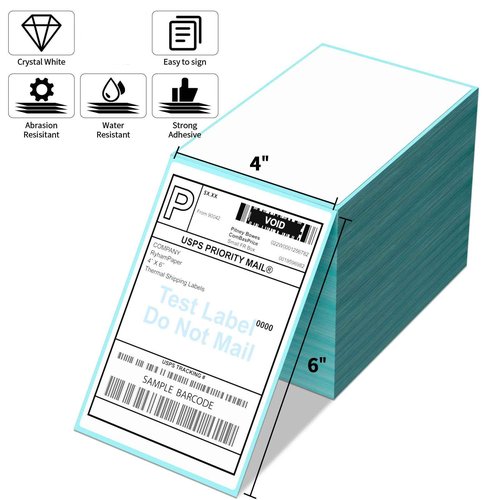 RyhamPaper 4" x 6" Fanfold Direct Thermal Labels, 4000 Labels (4 Stacks of 1000), Blue Background, Super Permanent Adhesive, Compatible with Zebra, Intermec, Datamax, Printronix Printers