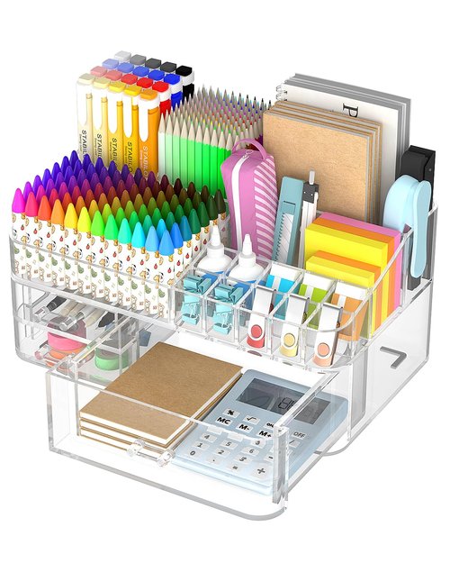 HEMTROY Acrylic Desk Organizer with 3 Drawer, Office Organizer, Multi-Functional Desk Caddy, Large Desktop Storage Box for Home, Cabinet, Bathroom, Office Art Supplies(Clear)