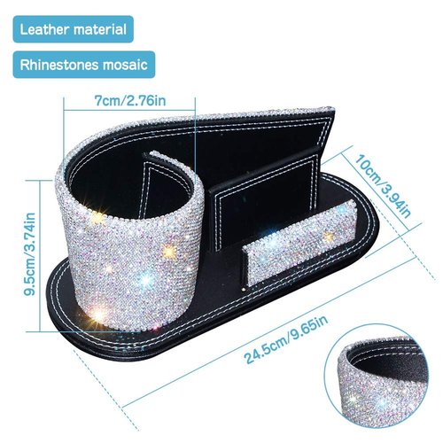 KEYPOWER Pen Pencil Holder Business Name Cards Decorative Bling Crystal Rhinestone PU Leather Gift for Women Girls (White)
