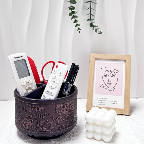 PU Leather Round TV Remote Control Holder for Table,360° Swivel Office Supply Desktop Organizer,4 Compartments Phone/Pen/Pencil Holder,Suitable for Stationery/Heater Controllers Etc (Antique)