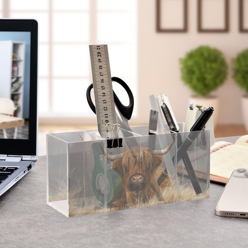 Sletend Highland Cow Cattle Acrylic Pencil Pen Holder Desk Accessories Holder, Cosmetic Brush Organizer Modern Design Desktop Stationery Organizer for Office School and Home 7.87 x 2.48 x 3.54 In