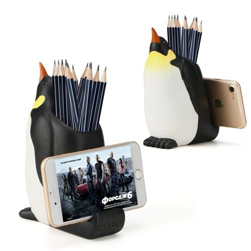 COOLBROS Pen Pencil Holder with Phone Stand, Resin elephant Shaped Pen Container Cell Phone Stand Carving Brush Scissor Holder Desk Organizer Decoration for Office Desk Home Decorative (Penguin)