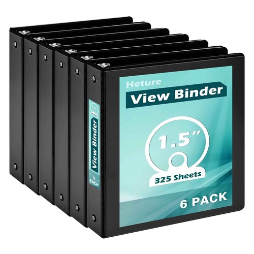 Heture 3 Ring Binder 1.5 Inch 6 Pack, 1-1/2" Clear View with Round Rings, PVC-Free,Holds for 325 Sheets 8.5X 11 US Letter Size Paper, Durable Black Perfect for Office,School and Home