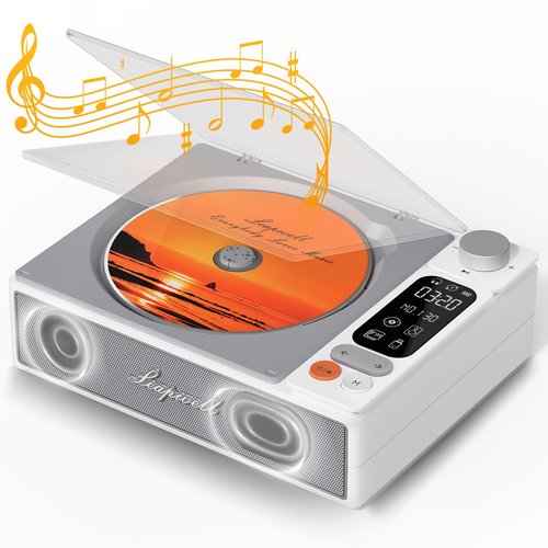 Leapwell CD Player Portable Bluetooth Desktop CD Players for Home with Speakers Rechargeable Small Retro CD Player with LCD Screen Optical USB White