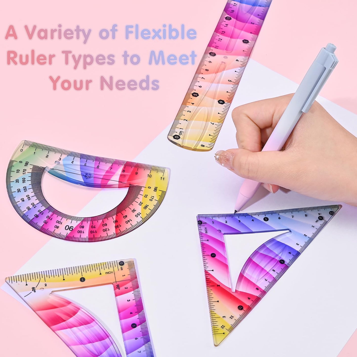 Valtiner 4 Pcs Flexible Rulers Set, Colorful Geometry Kit, Plastic Bendable Shatterproof Soft Rulers, Clear Ruler 20 cm/ 8 Inch, Triangle Rulers and Protractor for Back to School Supplies (8 Inch)
