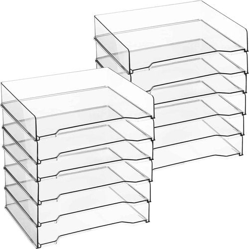 DoubleFill 12 Pcs Stackable Letter Tray Rectangular Plastic Desk Organizer 13 x 9.5 x 2.6 in Paper Holder File Tray Accessories Rack for Desktop Office Desk Drawers (Clear)
