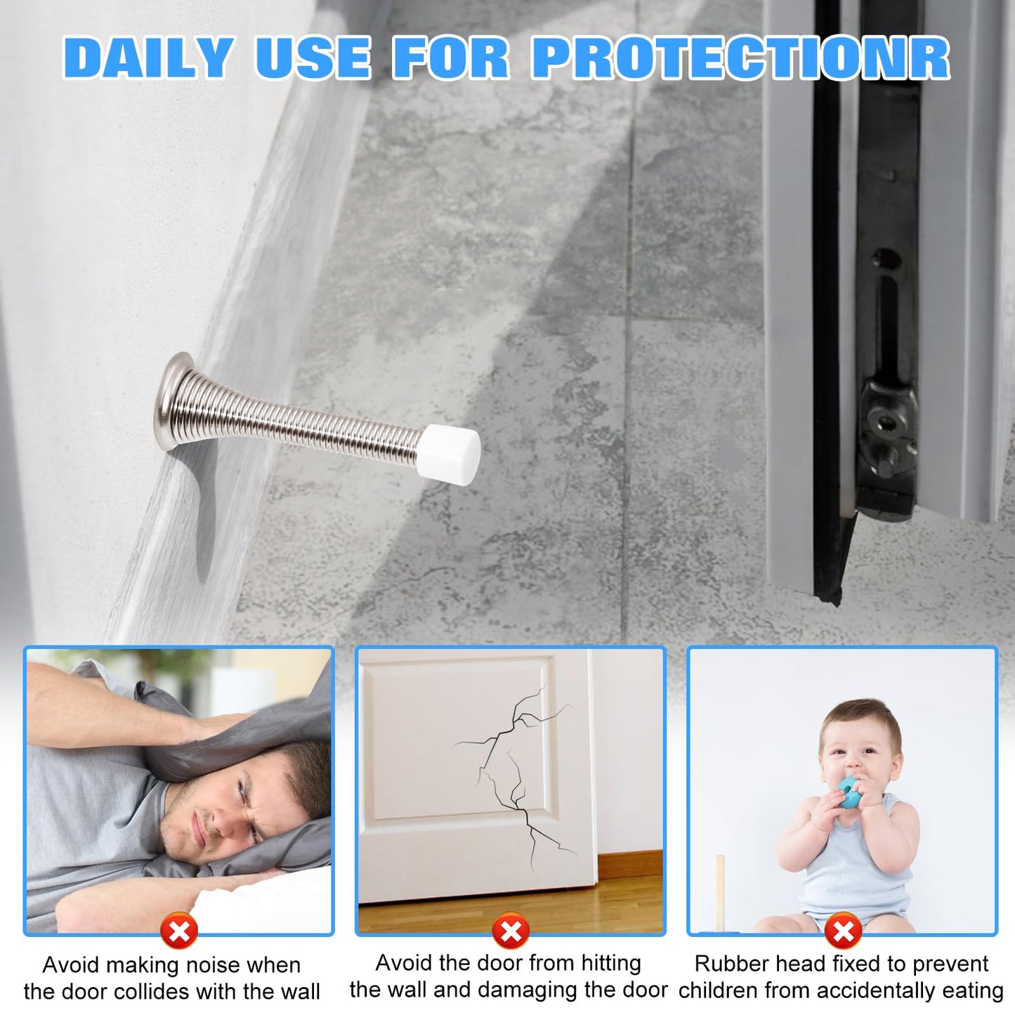 6 Pack Spring Door Stopper 3.2 Inch Flexible Heavy Duty Spring Door Stop with RustProof Screw Rubber Bumper Tips, Wall Protector for Home, Office, Kids Room – Easy Install, Satin Nickel Finish