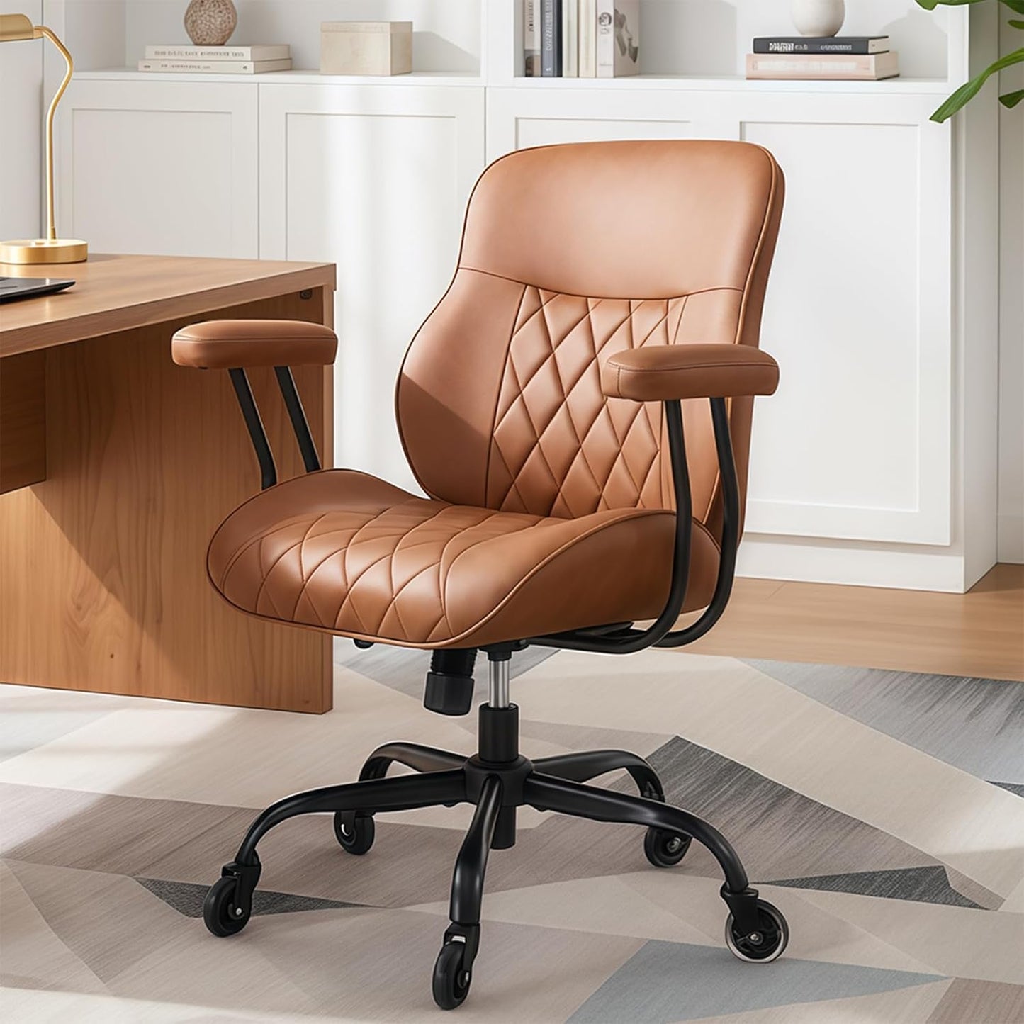 BEWISHOME Brown Leather Office Chair - Ergonomic Design with Lumbar Support & Adjustable Height | 360° Swivel