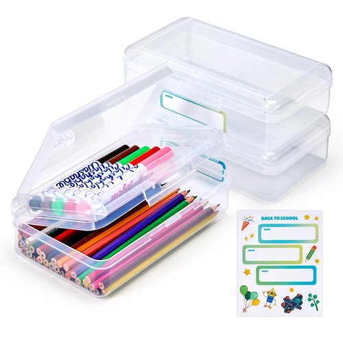 GAMENOTE Plastic Pencil Box with Personalized Sticker,Kids Large Hard Pencil Case with Snap-tight Lid,Clear Crayon Maker Organizer,Small Art Craft Storage Containers,School Supplies Box for Boys,Girls