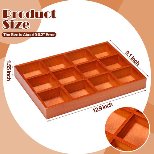 Wonderjune 2 Pack Wooden Drawer Organizer with 12 Compartments 12 Grid Sorting Tray Divided Tray Display Finished Section Box for Arts and Crafts Supplies Stationery Small Items 12.9 x 9.1 x 1.55 Inch