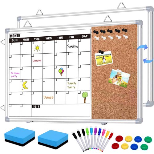 YUYIUS Calendar Whiteboard for Wall, 24" x 18" Double Sided Monthly Dry Erase Board Calendar for Office, Home, School, Hanging Cork Board White Board Combo, Portable Magnetic Dry Erase Planner Board