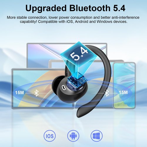 Wireless Earbuds, Bluetooth 5.4 Headphones Stereo Deep Bass with Earhooks, 50H Bluetooth Ear Buds with Noise Cancelling Mic, Fast Charging Digital Display IP7 Waterproof Earphones for Workout/Sports