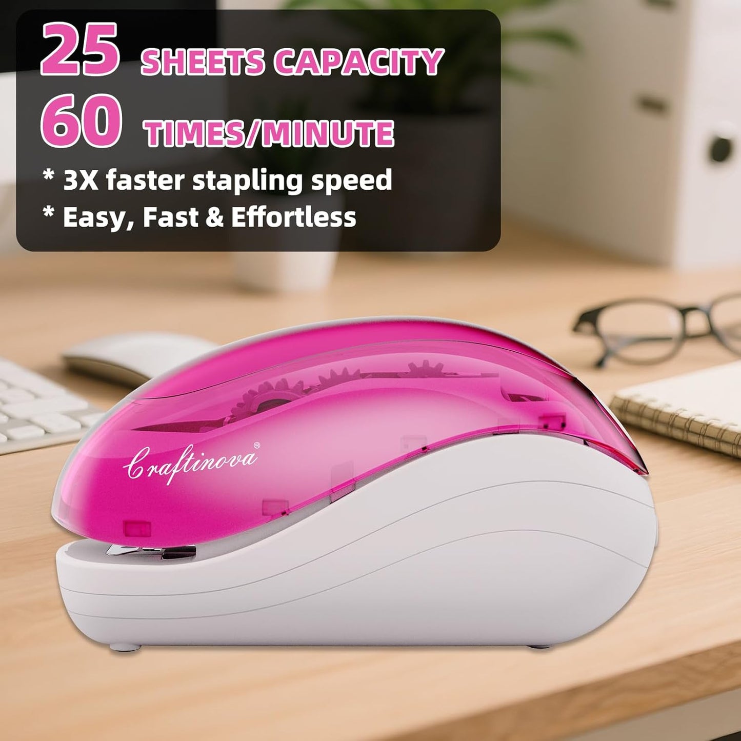 Skiennix Electric Stapler - Pink | 25 Sheet Capacity, Includes 2000 Staples & Staple Remover