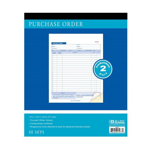 BAZIC Products Purchase Order Book, 30 Sets 8 3/8" x 10 11/16" 2-Part Carbonless, White & Bound Wraparound Cover (50 Sets/Pack), 12-Packs
