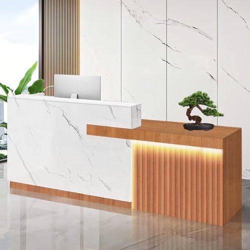 Modern Reception Desk Checkout Counter Front Desk Retail Counter with Hidden Lighting Receptionist Table Need Assembly for Modern Office Spaces Lobby White and Wood Right 63inch/160cm