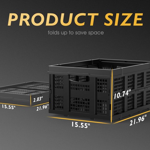 TOOLIOM 50L Collapsible & Stackable Plastic Storage Crates with Handles, Black Folding Shopping Basket, Folding Storage Bin