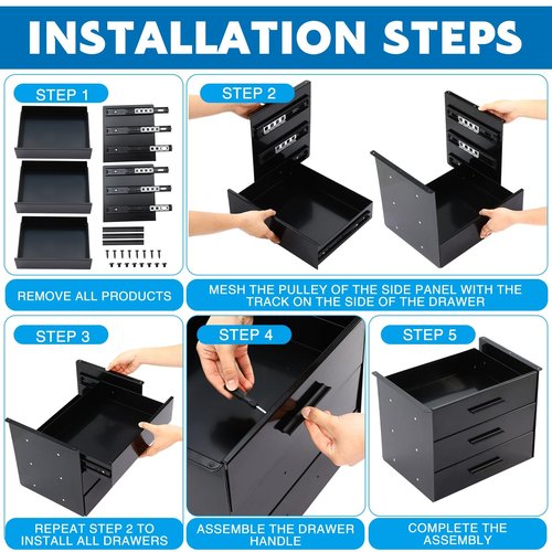 Menkxi 16 Inch Slide out Under Desk Drawer 3 Layer Pull out Desk Organizer Storage Metal Mounted Sliding Hidden Under Counter for Writing Office Sit Stand Workstation, Vertically Stacked, Black