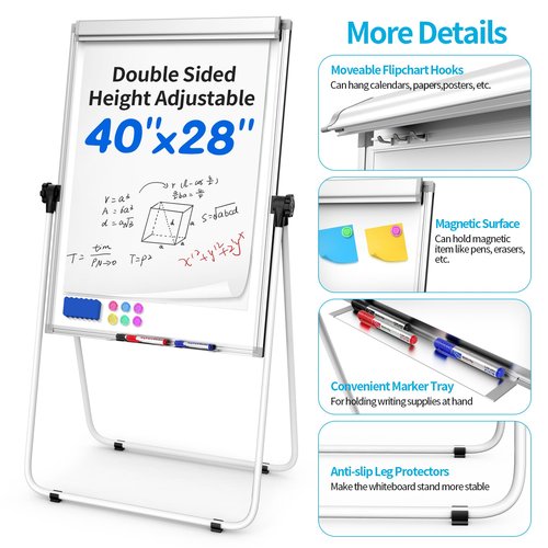 DexBoard U-Stand Double Sided 40" x 28" Magnetic Dry Erase Easel, Height Adjustable & 360° Rotating Whiteboard with 1 Eraser, 6 Magnets and Paper Pads