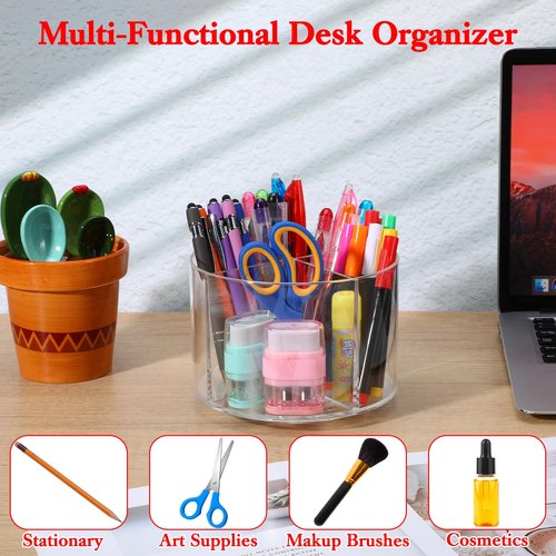2 Pcs Small Pencil Organizer for Desk Acrylic 4 Compartments, Tiny Rotating Art Supply Organizer Kids, Round Marker Organing Clear Desktop Organing Caddy Swivel Office Pen Pencil Holder