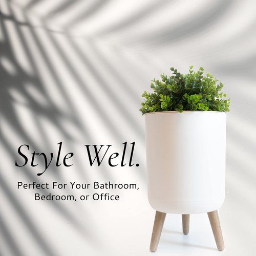 Earth & Mango Small Bathroom Trash Can with Lid, Small Bathroom Garbage Can with Plant Style Lid, 1.8 Gallon, White, Perfect for Bedroom, Office, and Bathrooms, Trash Bin That Looks Like a Plant