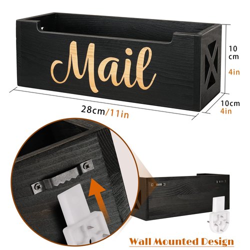 Mail Organizer Mail Holder Countertop, Rustic Wooden Mail Basket Mail Tray Letter Holder Box for Desk Home Office Wall Mount