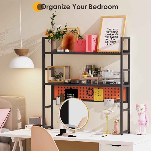 Brakki Desk Shelf, 35.43" Desk Hutch Bookshelf, Desktop Shelf with Pegboard for Computer Monitor, Metal Desktop Hutch Storage Organizer for Dorm Home Office, 2 Tier Bookcase, Black