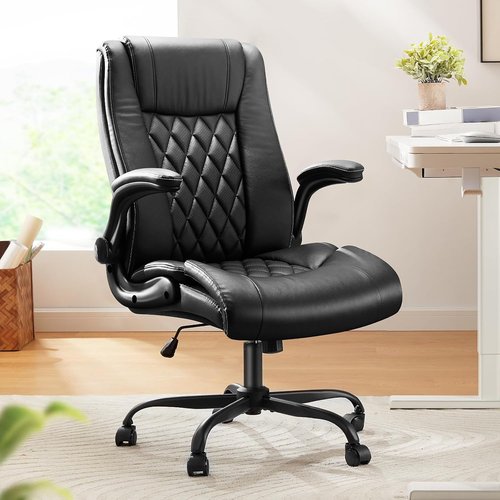 Marsail Executive Office Chair - Ergonomic PU Leather with Flip-Up Armrests | Height-Adjustable, Black