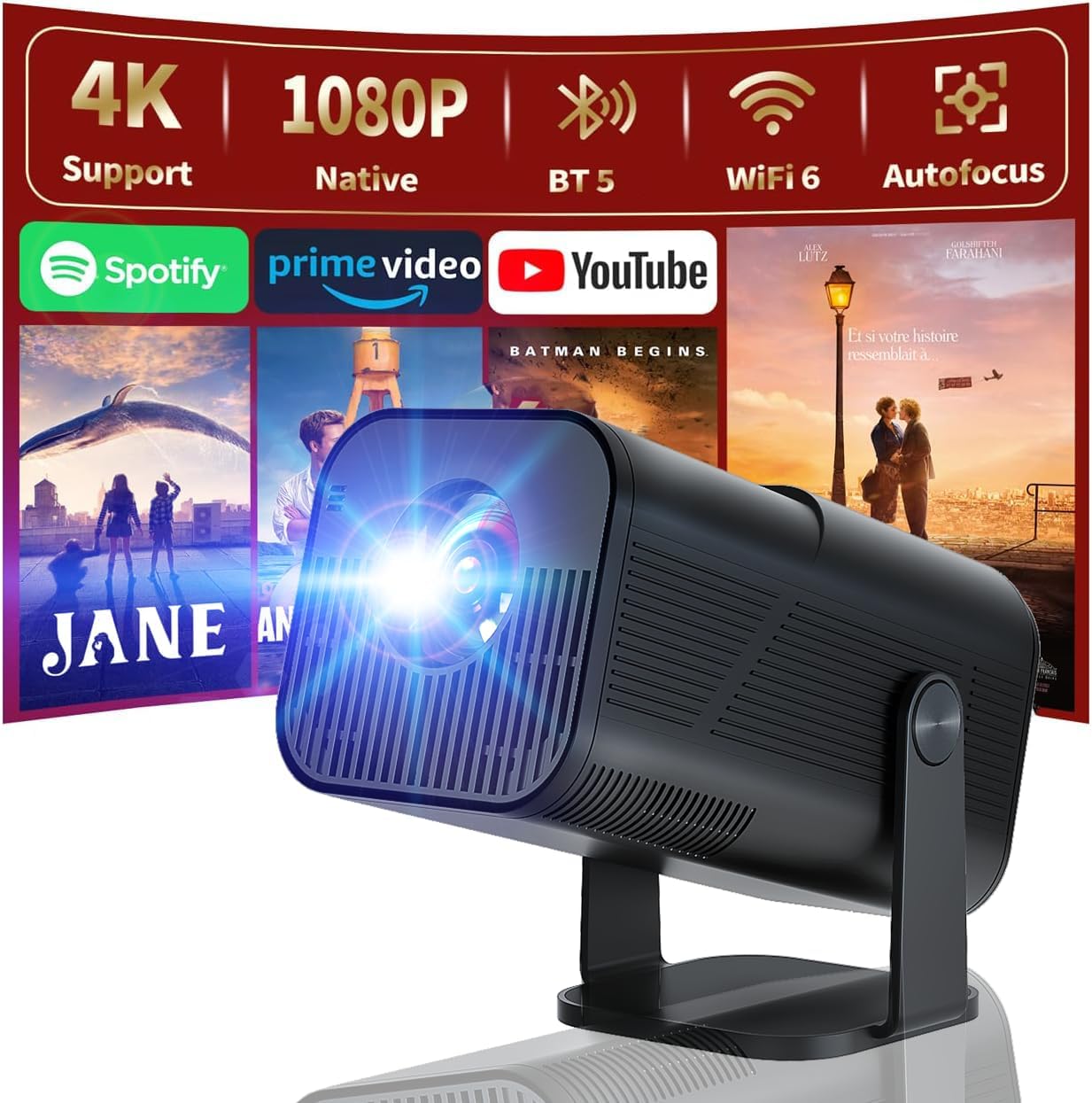 Skiennix Mini LCD Projector - 4K Portable Smart Projector with WiFi & Bluetooth | Auto Vertical Keystone, 180° Rotatable