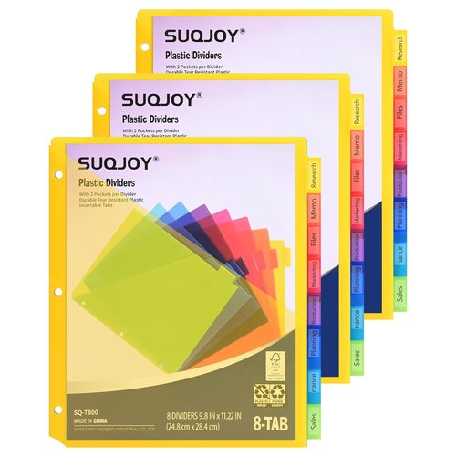 SUQJOY 8-Tab Dividers for 3 Ring Binder, 24 Count Binder Dividers with Pockets, Subject Dividers, 3-Hole Plastics Sheets Protectors for US Letter Size in 0.5", 1",2" Binders, Vibrant 8 Color, 3 Packs
