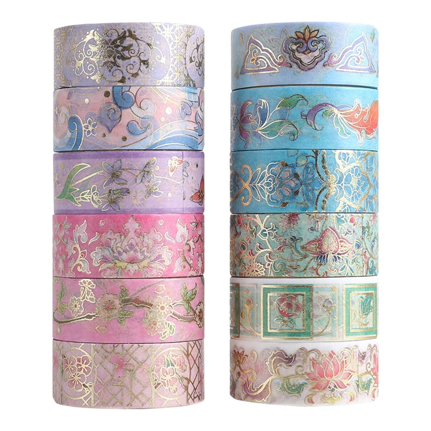 Skiennix Floral Washi Tape Set - 12 Rolls of Gold Foil Botanical Decorative Tape for Scrapbooking & Crafts
