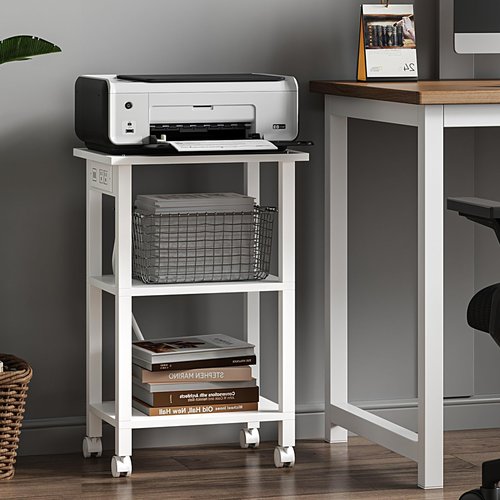TUTOTAK 3 Tier Printer Stand, Rolling Printer Cart with Power Outlets and USB Ports, Mobile Printer Table with Wheels, for Under Desk, Office, Home, White PS02BW001