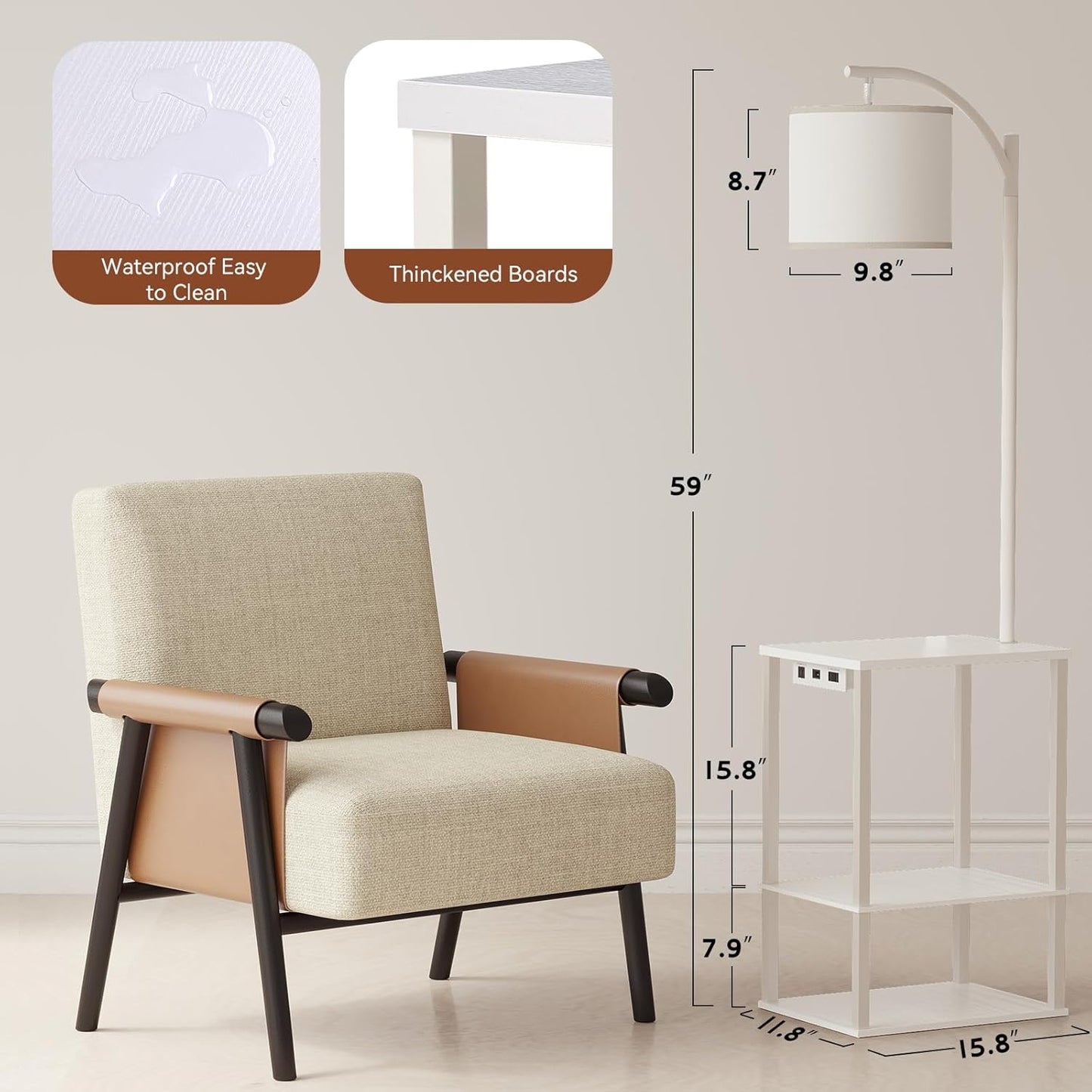 SUNMORY Floor Lamp with Table - Modern Nightstand & Charging Station | 3 Color Temperatures, USB & AC Ports