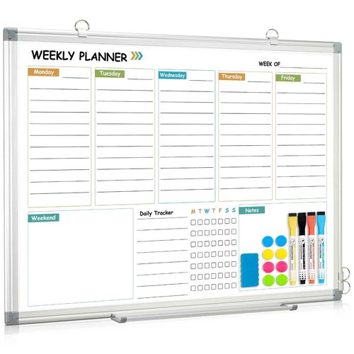 WALGLASS Weekly Dry Erase Calendar Whiteboard for Wall, 24" x 18" Double-Sided Weekly Planner White Board with Notes, Daily Tracker, Aluminum Framed Hanging & Wall Mount for Home, Office, School