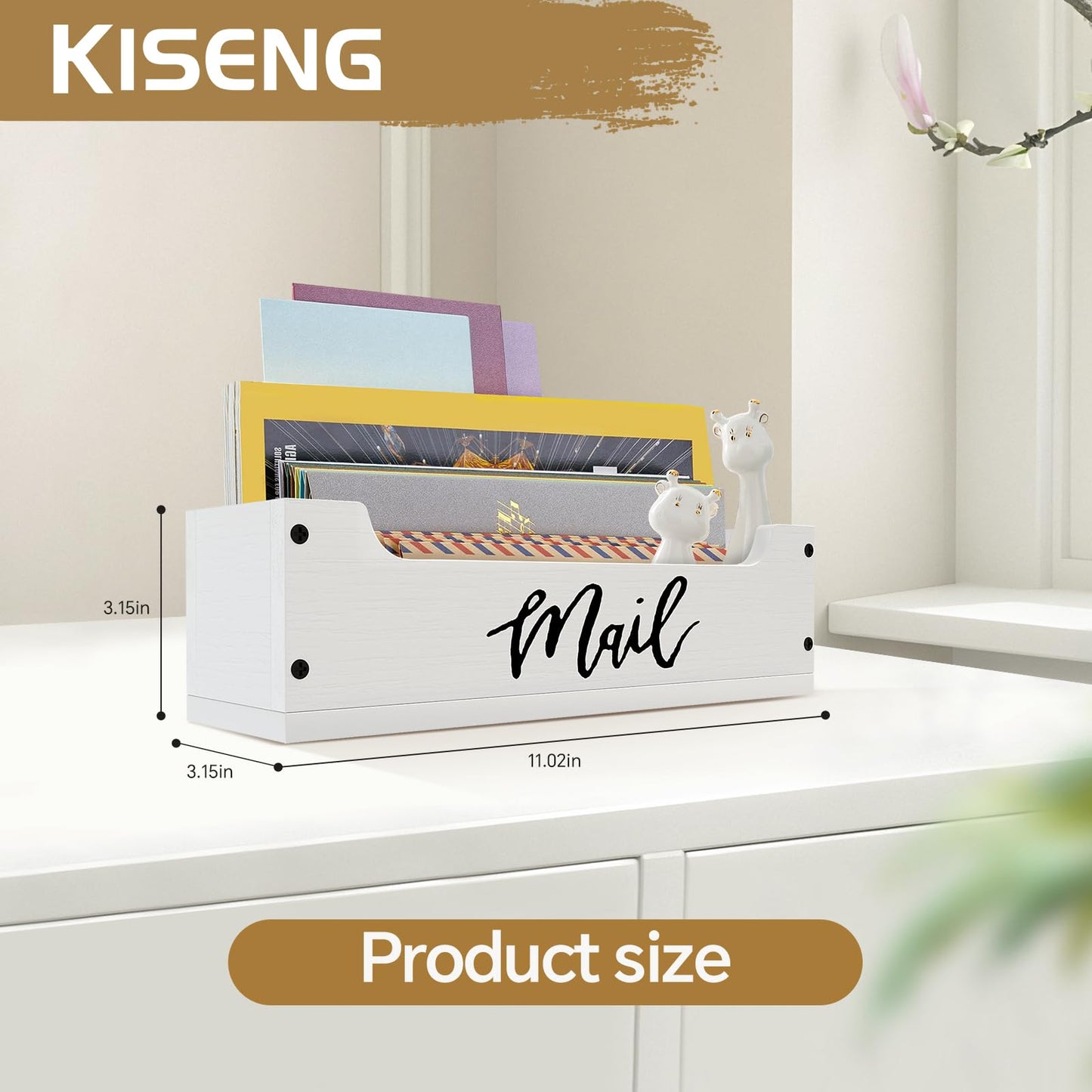 KISENG White Wooden Mail Organizer Countertop - Mail Organizer Wall Mounted, Office Mail Holder, Desktop Mail Basket for Counter, Letter Holder Box for Home Office Decor (White +Black Mail, 3.15")