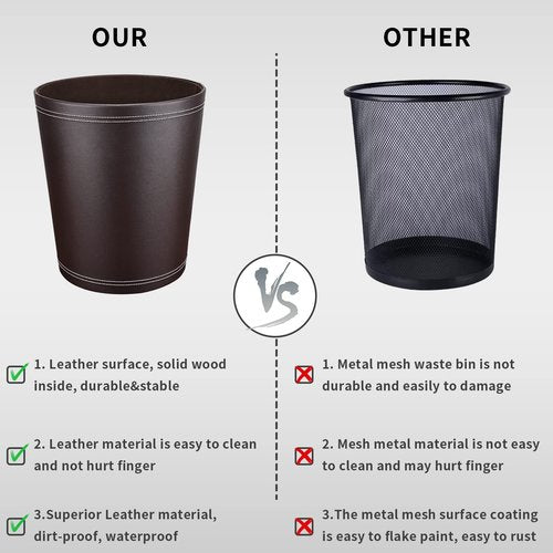 Pu Leather Trash Can for Bedroom, 2.6 Gallon Wastebasket for Office, Small Bathroom Garbage Cans for Home Decorative, Round Waste Basket Bin for Dorm Kitchen Brown