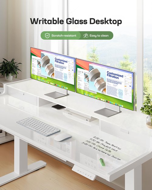Marsail Glass Electric Standing Desk with Drawers, 48 x 24 Inch Stand Up Desk with Monitor Stand, Height Adjustable Desk with Drawers for Home & Office, 4 Preset Heights, White