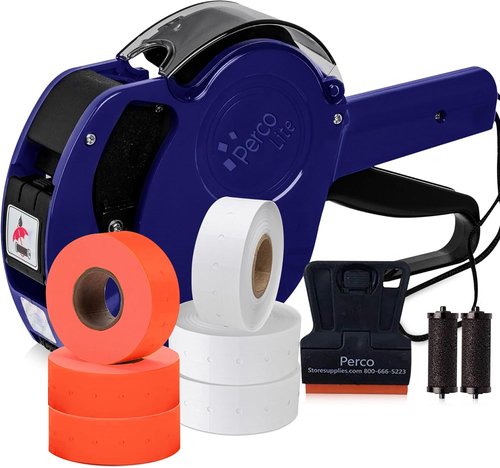 Perco Lite Price Gun Kit - 1 Line Label Maker with 6 Rolls & 2 Ink Rollers - Pre-Loaded for Easy Use