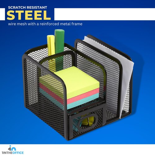 1InTheOffice 5 Compartment Wire Mesh Accessory Holder, Mesh Desk Organizer, Organizer for Desk, Matte Black, 1 Pack