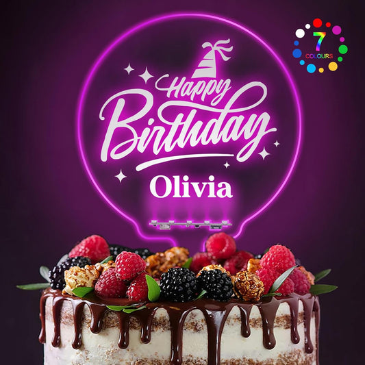 Skiennix LED Personalized Happy Birthday Cake Topper - 7 Color Changing Acrylic Decoration for All Ages