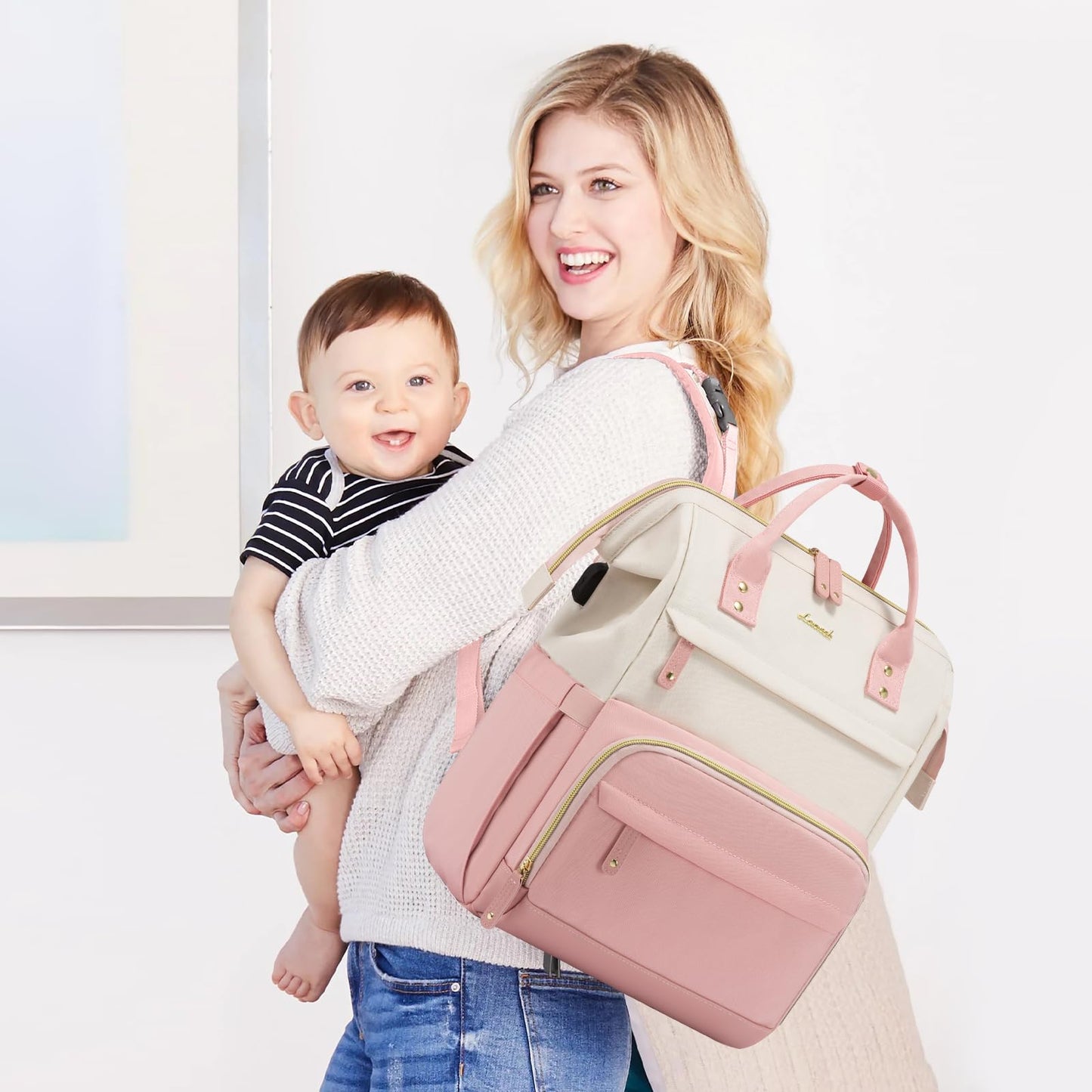 LOVEVOOK Diaper Bag Backpack, Baby Bag with Changing Station, Large Diaper Backpack for Moms Dads, Waterproof Leather Accents Baby Boy and Girl Bag for Travel Baby Essentials, Pink-Beige